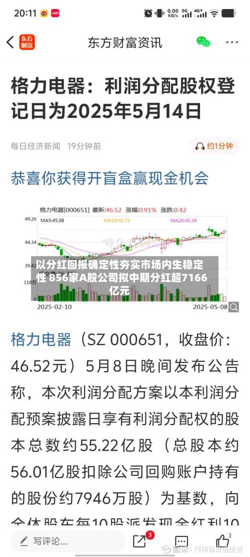 以分红回报确定性夯实市场内生稳定性 856家A股公司拟中期分红超7166亿元