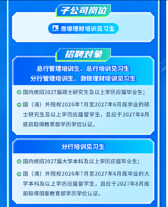 渤海银行2027年校园招聘正式启动！