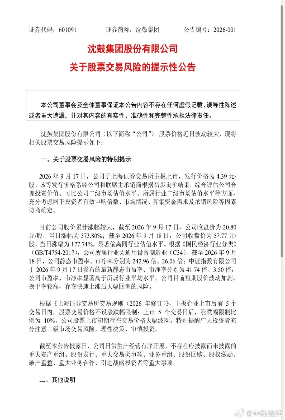 沈鼓集团发布风险提示