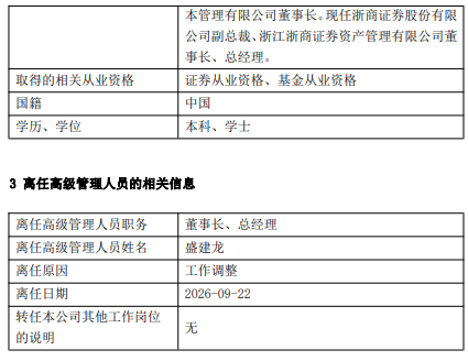 浙商资管高管变更：盛建龙卸任 楼小平接任董事长	、总经理
