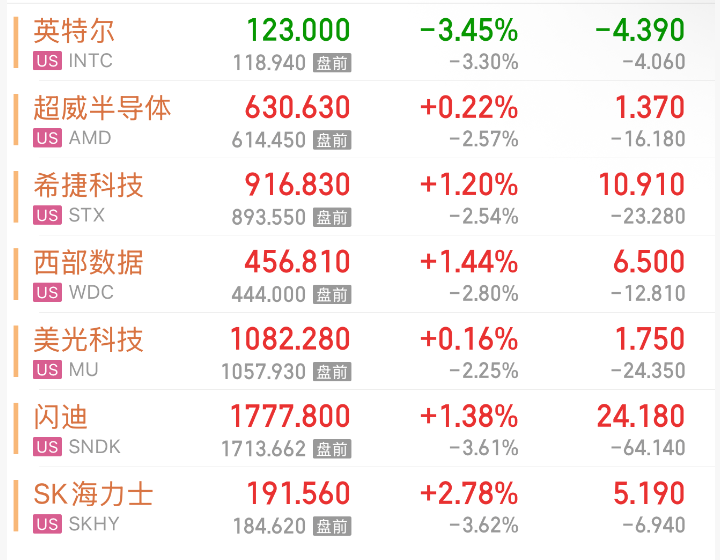 美股芯片股盘前普跌 SK海力士、闪迪均跌超3.6%