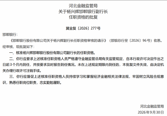 申丽萍、杨兴辉获批担任邯郸银行副行长