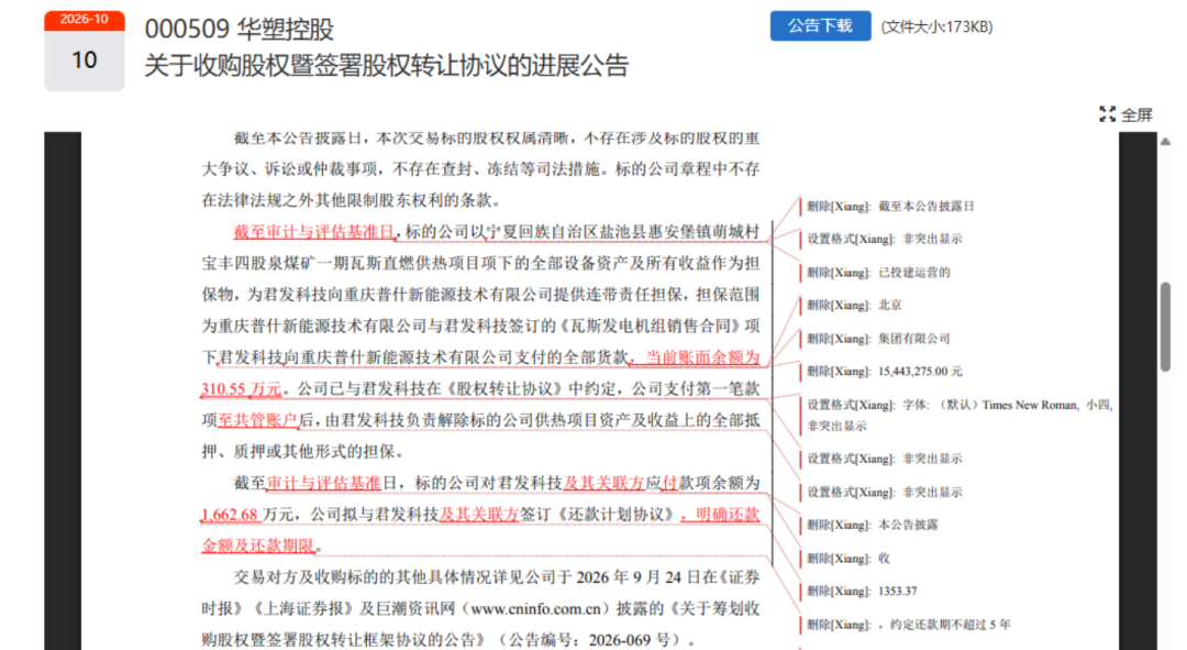 公告带着“修订痕迹”发布	，000509澄清并致歉