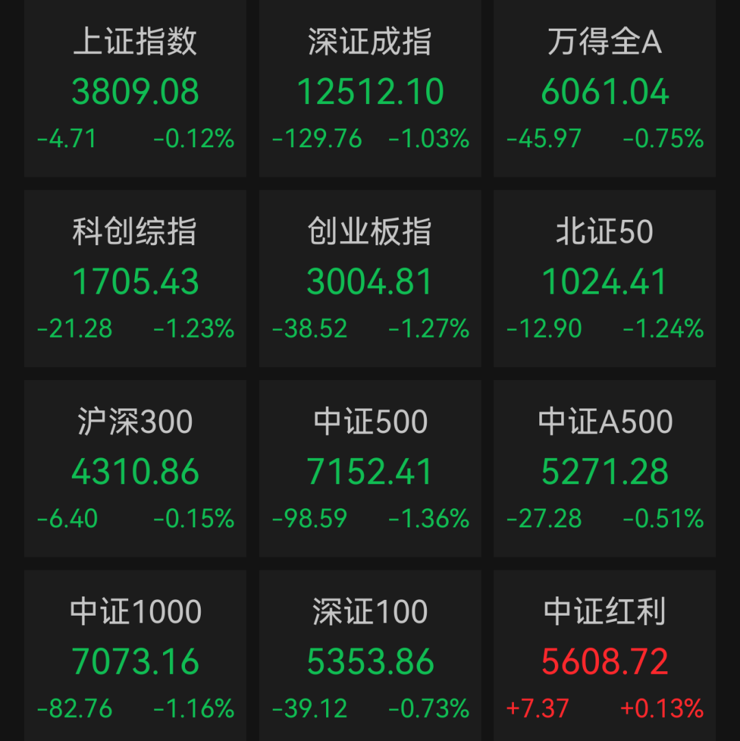 股市午报：A股集体收跌，创业板指跌超1%！ 银行股走强，工商银行、中国银行、建设银行，创新高