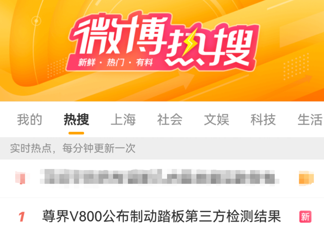 尊界V800公布制动踏板第三方检测结果，冲上微博热搜首位