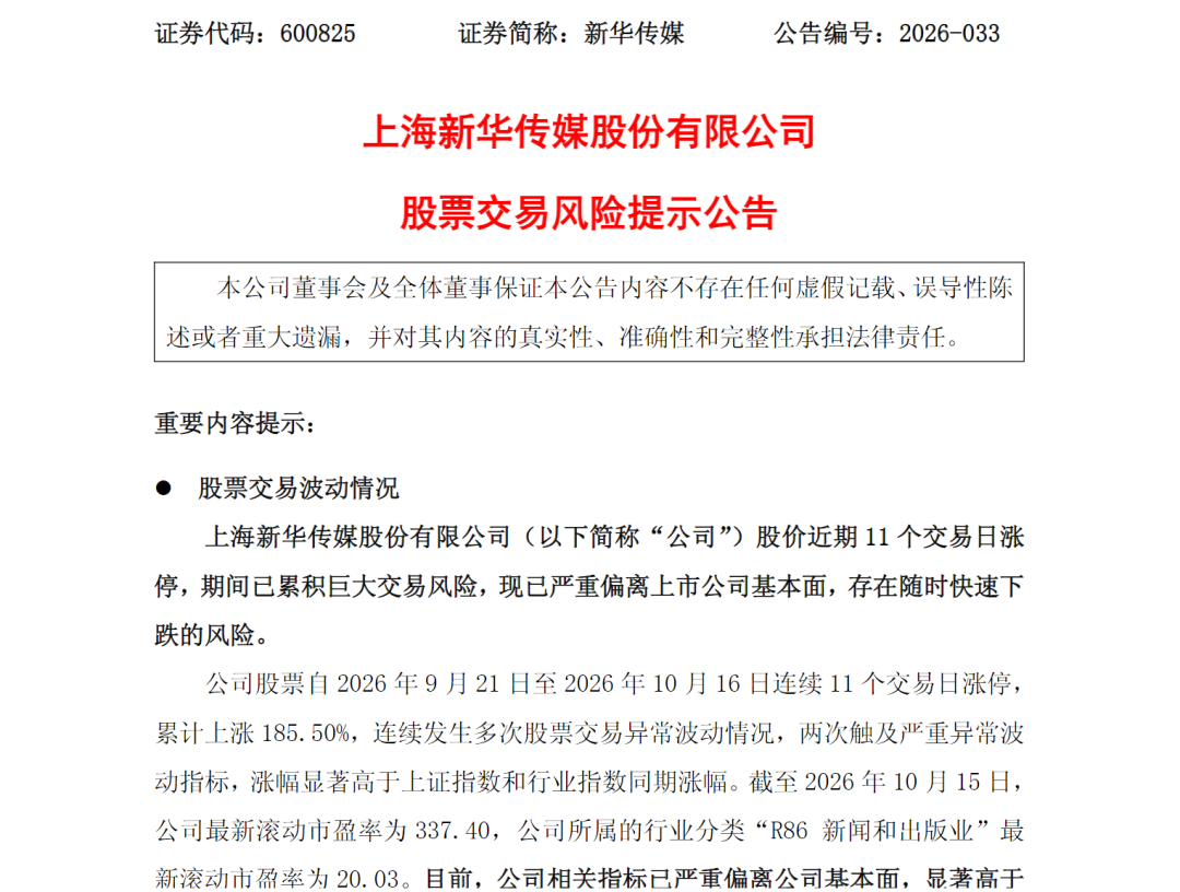 “已累积巨大交易风险” 11连板牛股紧急提示